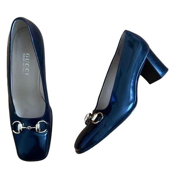 Gucci Shoes - SOLD:Gucci Women's Gold Horsebit Navy Blue Block Heels Size 38C, 8 Wide